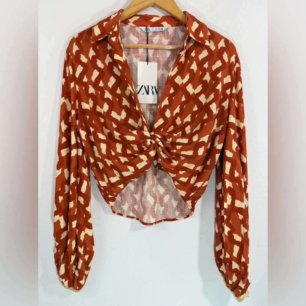 Zara Small Terracotta Print Linen Blend Twist Front Crop Top NWT Beaded Cuffs - Picture 8 of 16